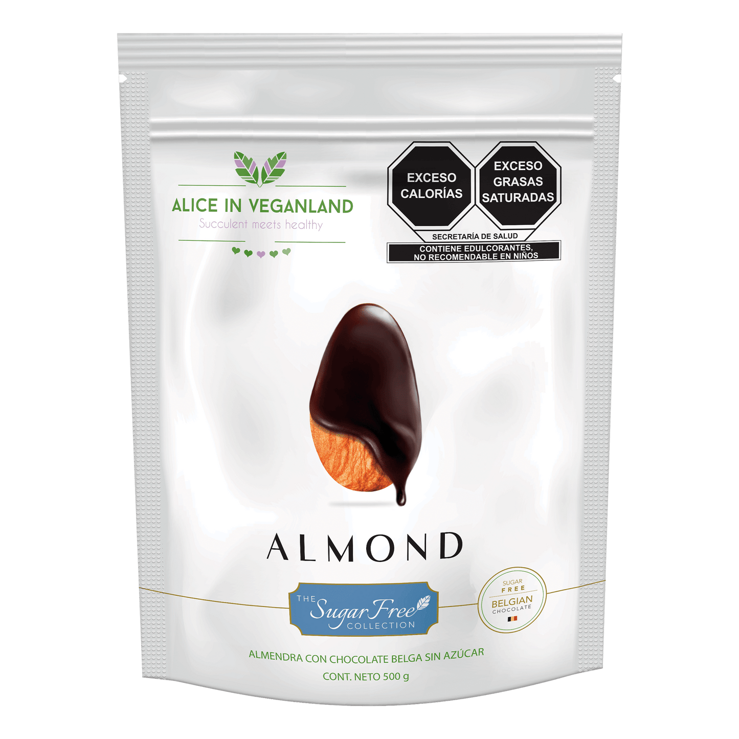 Almendra con chocolate sin azúcar. Bolsa resellable con 500 gramos.