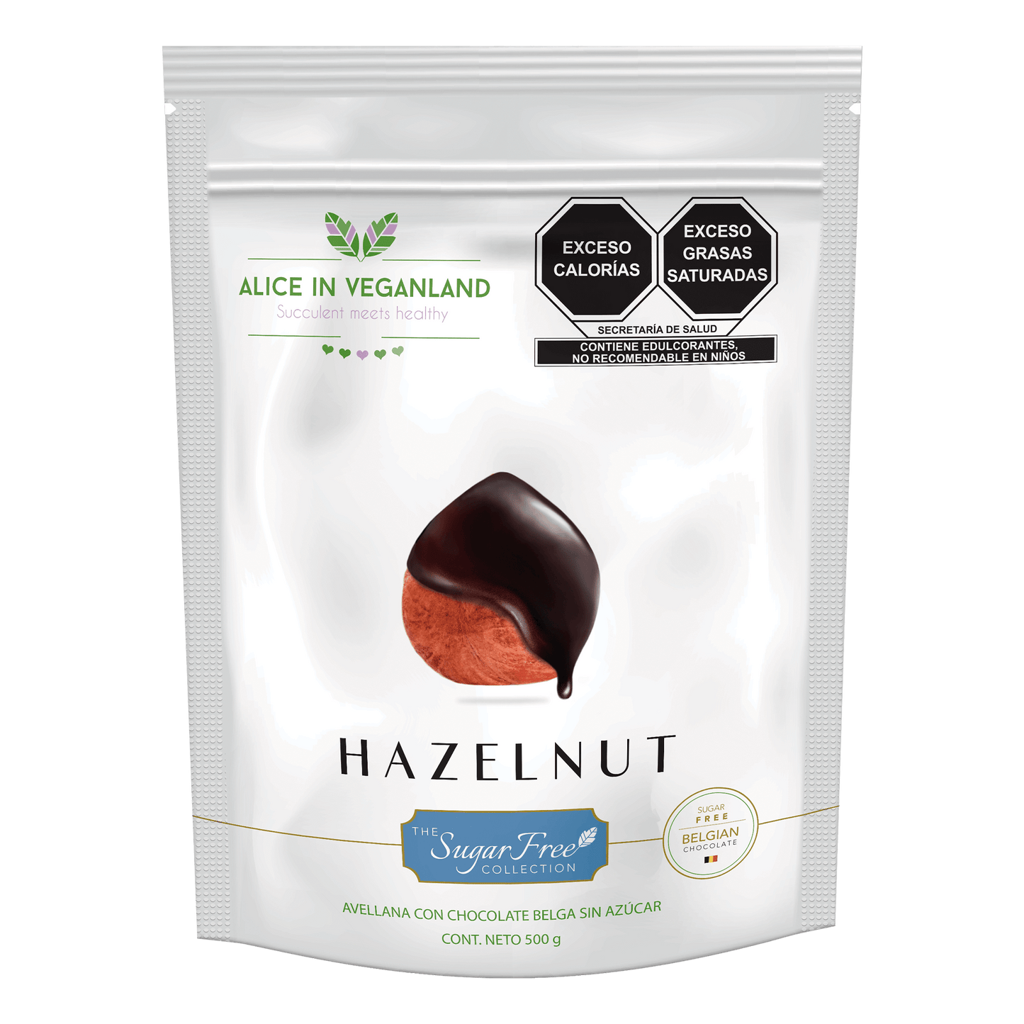 Avellana con chocolate sin azúcar. Bolsa con 500 gramos.