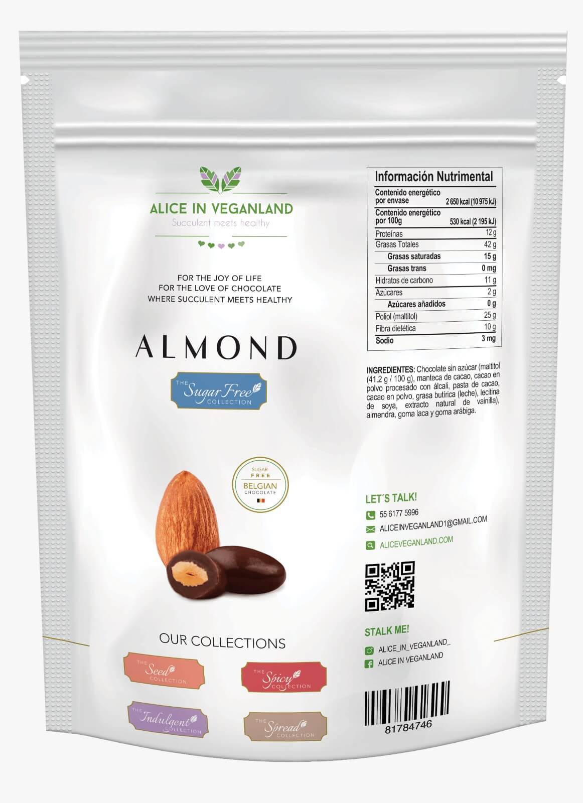 Almendra con chocolate sin azúcar. Bolsa resellable con 500 gramos.
