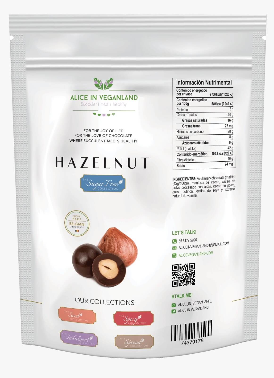 Avellana con chocolate sin azúcar. Bolsa con 500 gramos.